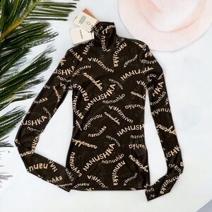 NANUSHKA HARRI STRETCH MESH JERSEY TOP IN BROWN PRINTED LOGO S SMALL